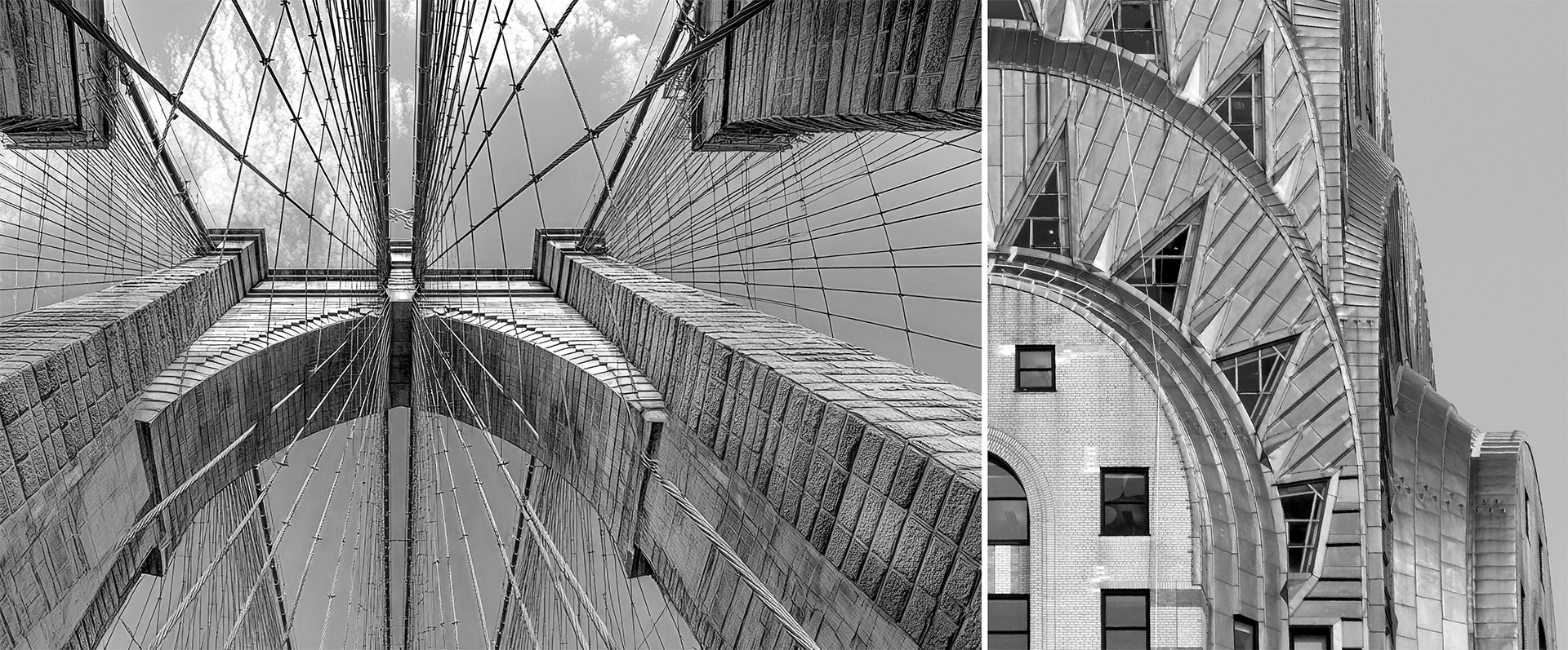 looking up at brooklyn bridge in black and white